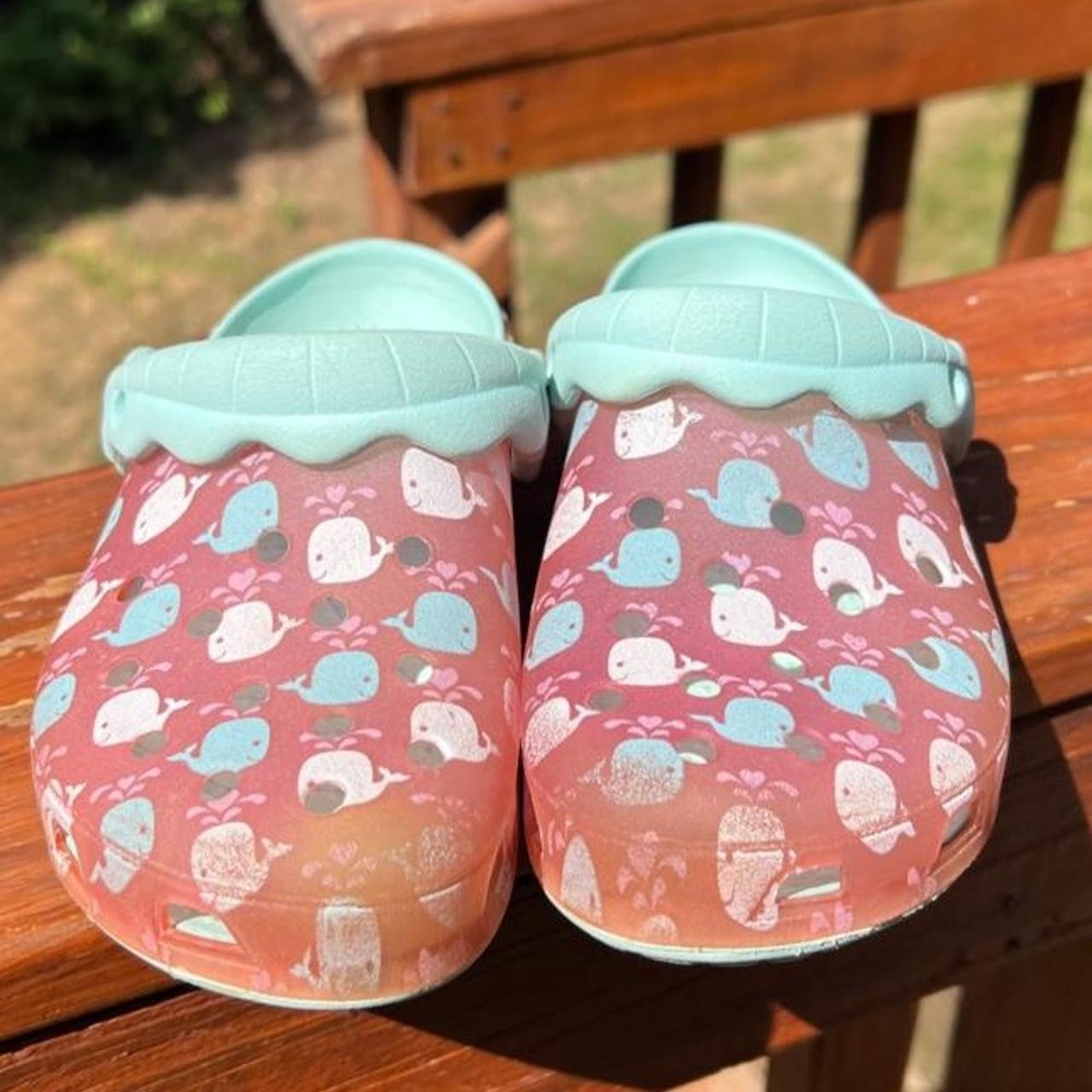 Crocs Youth 12 13 Classic Girls Transparent Pink Blue Whales Outdoor Clogs